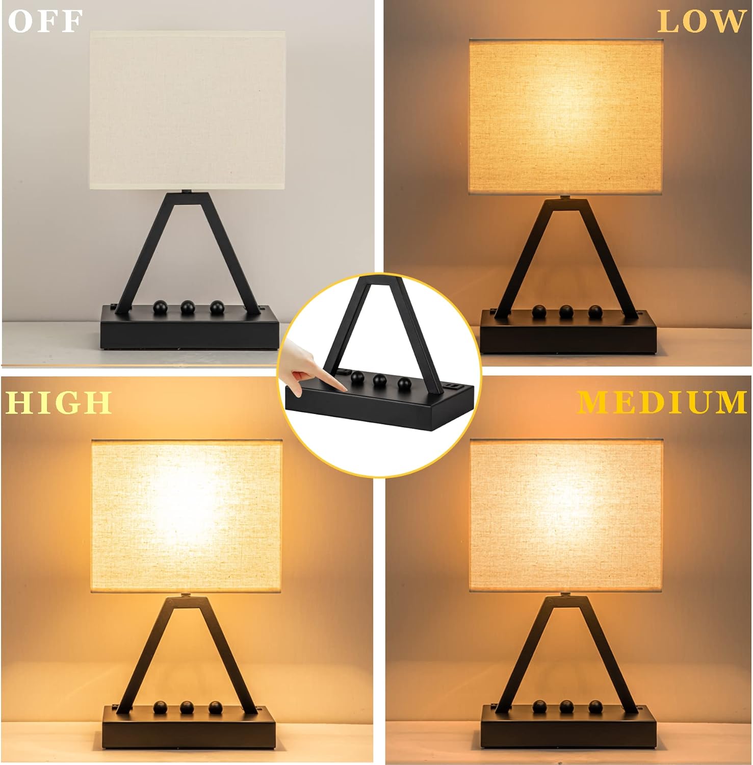 3-way touch dimming (low/medium/high) activated by tapping the metal base or pole