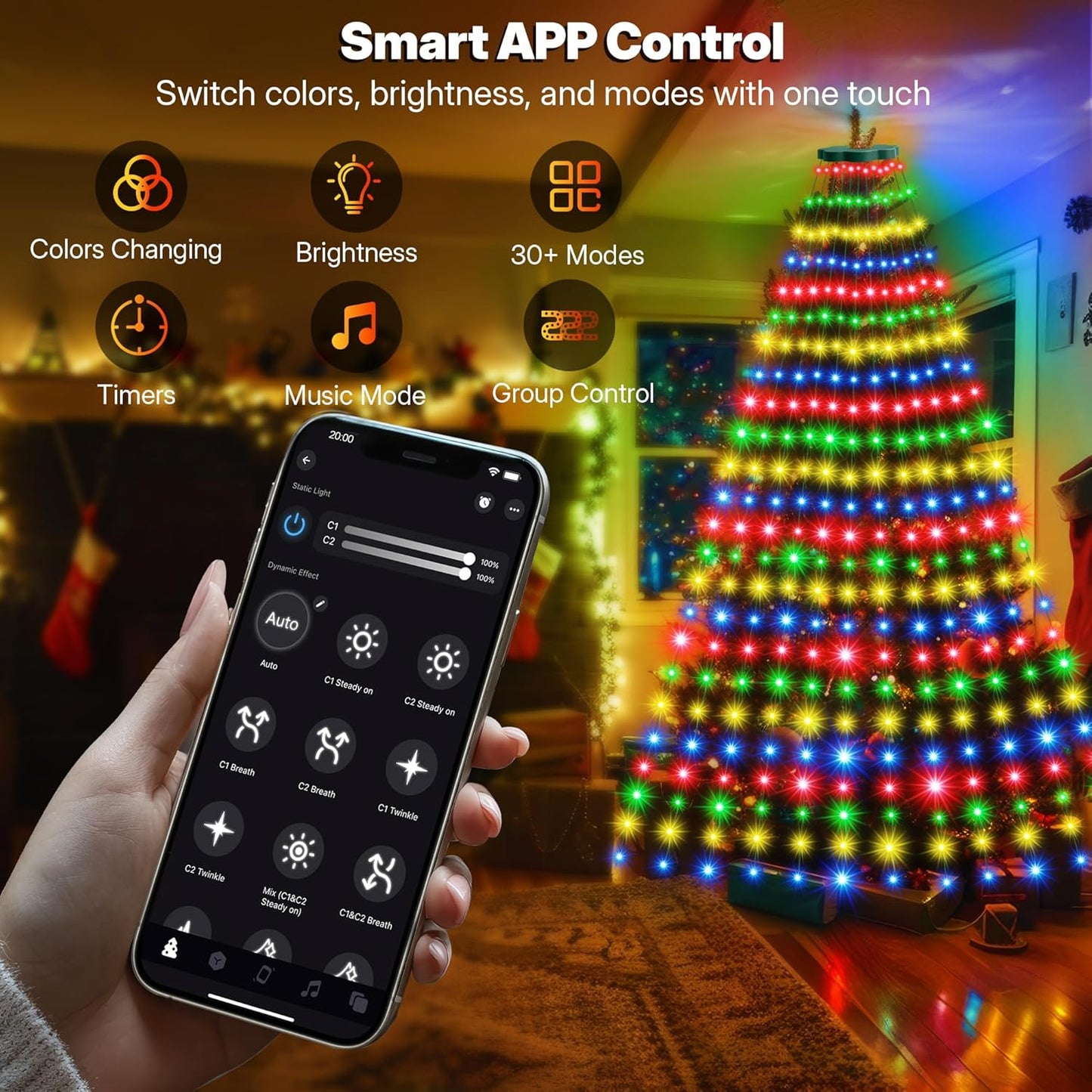 30+ color-changing modes including warm white to multicolor gradients and 17 dynamic patterns