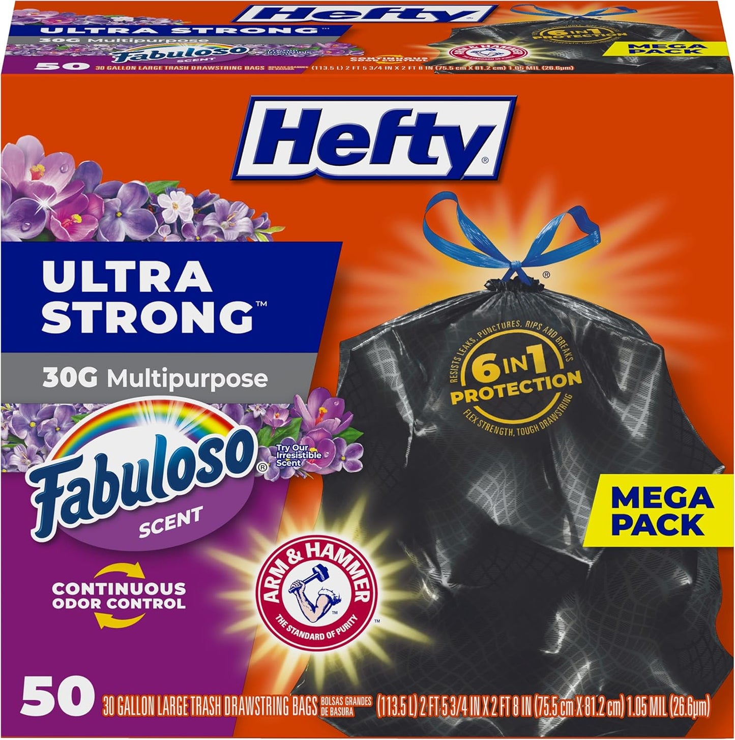 30-gallon large capacity with 50-count packaging (also available in 34-count and 3-pack bulk)