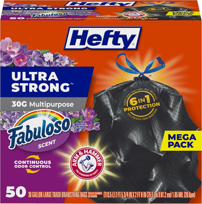 30-gallon large capacity with 50-count packaging (also available in 34-count and 3-pack bulk)