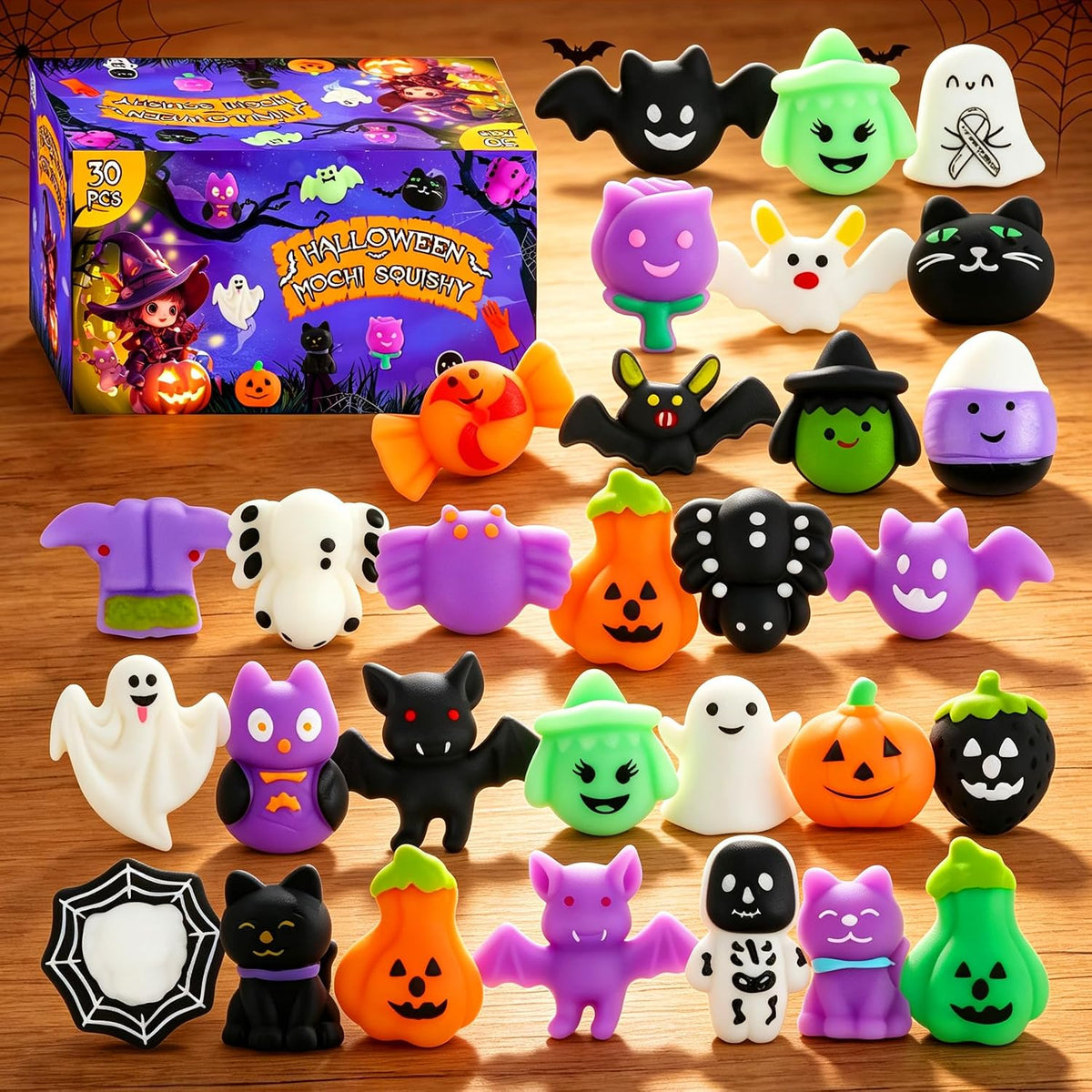 30-piece halloween-themed mochi squishy set with bats, ghosts, pumpkins, spiders, witches, cats, and candy characters