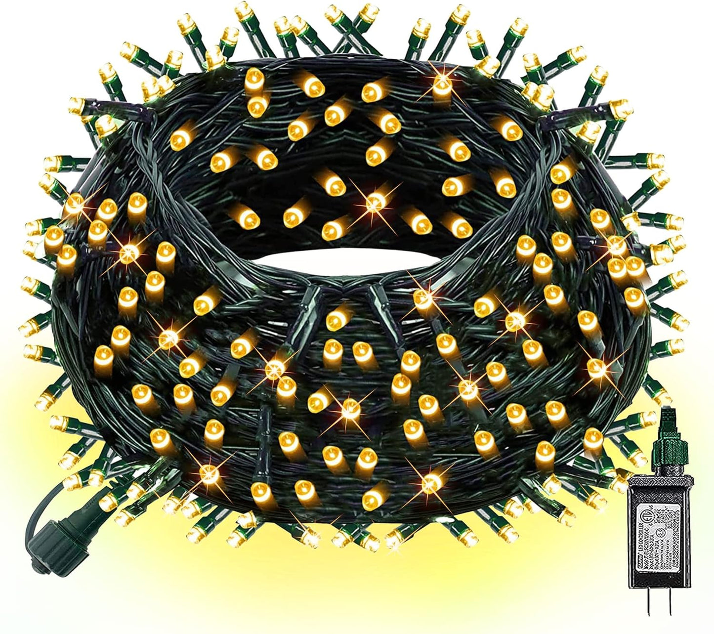 300 led bulbs on a 98.5 ft light string with 3.9 inch spacing and 16.5 ft lead wire (115 ft total)