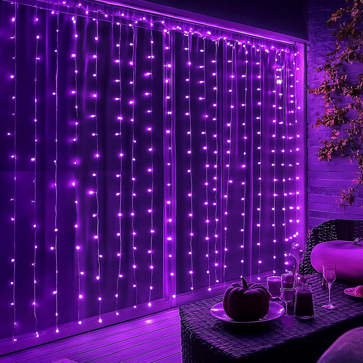 Dazzle Bright 9.8x9.8ft Outdoor Curtain String Lights for Evening Events, Purple Glow 8 Mode Patio Backdrop