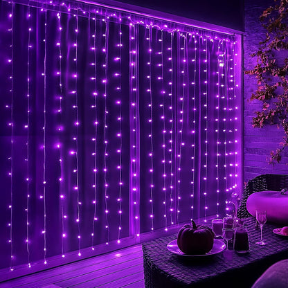 Dazzle Bright 9.8x9.8ft Outdoor Curtain String Lights for Evening Events, Purple Glow 8 Mode Patio Backdrop