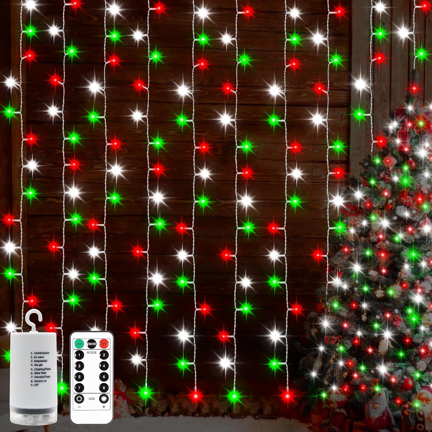 300-led (or 200-led) curtain configuration covering 9.8ft x 9.8ft with 1.6ft lead wire