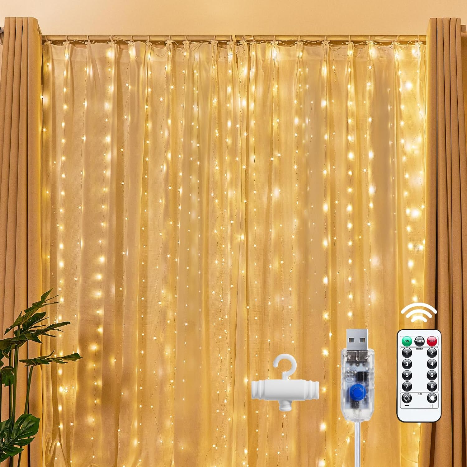 300 leds on a 9.8ft x 9.8ft curtain with 8 lighting modes (combination, waves, sequential, slo-glow, chasing, slow fade, twinkle, steady on)