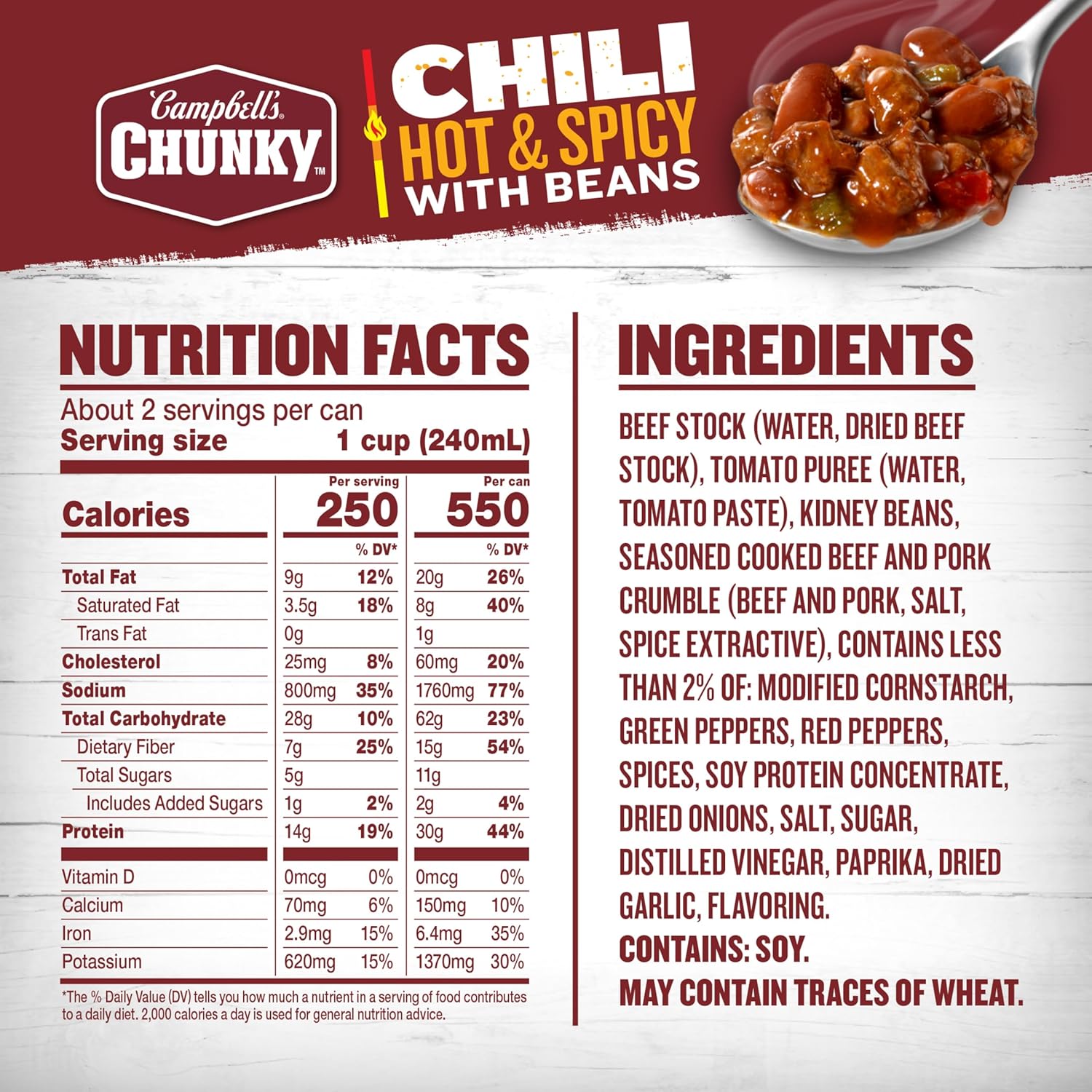 30g protein content per can from beef, pork, and beans