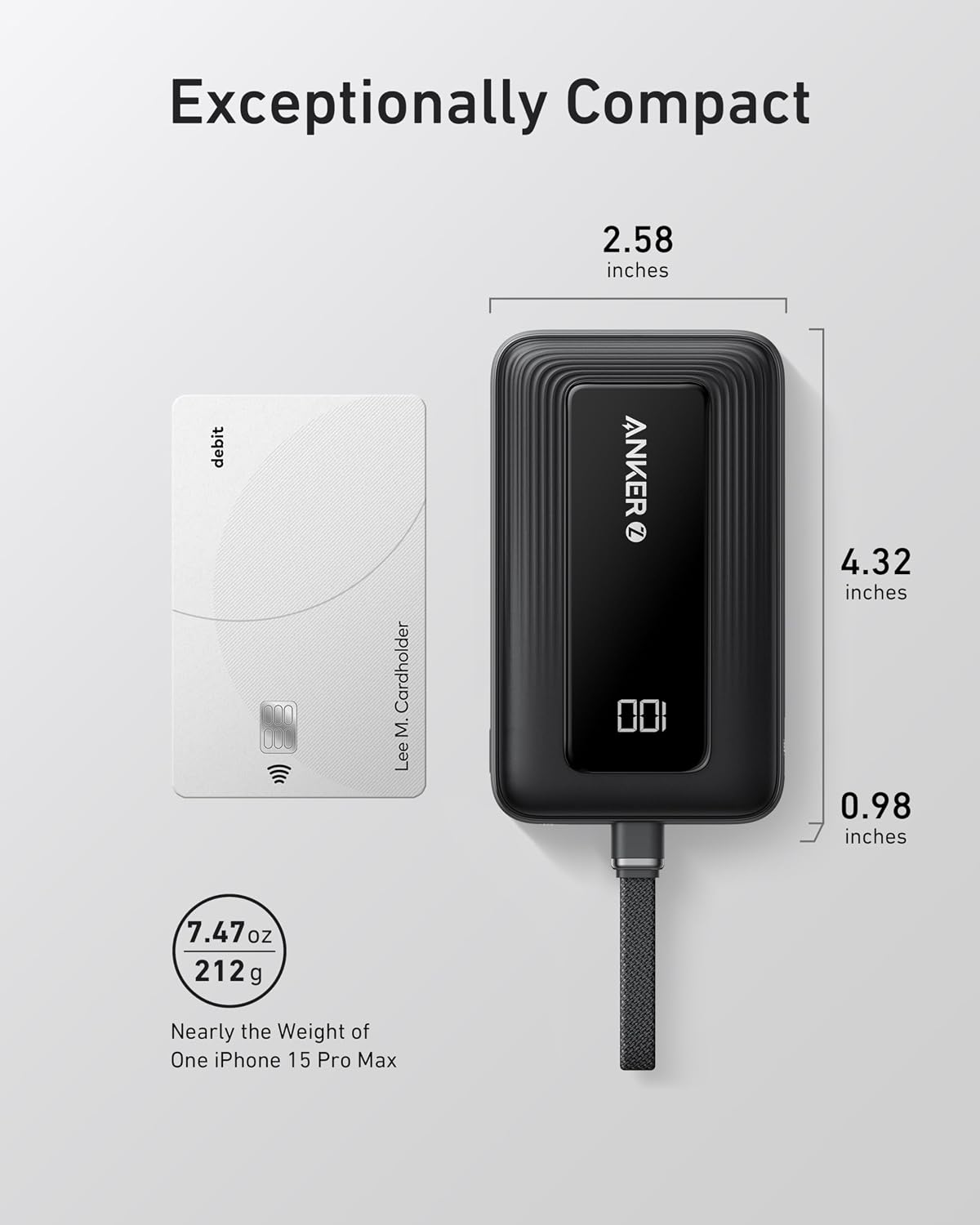 Anker Minimalist Power Bank 10,000mAh 30W Clean White and Black Finish with Built-in USB-C Cable
