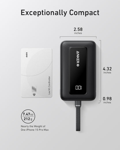 Anker Minimalist Power Bank 10,000mAh 30W Clean White and Black Finish with Built-in USB-C Cable