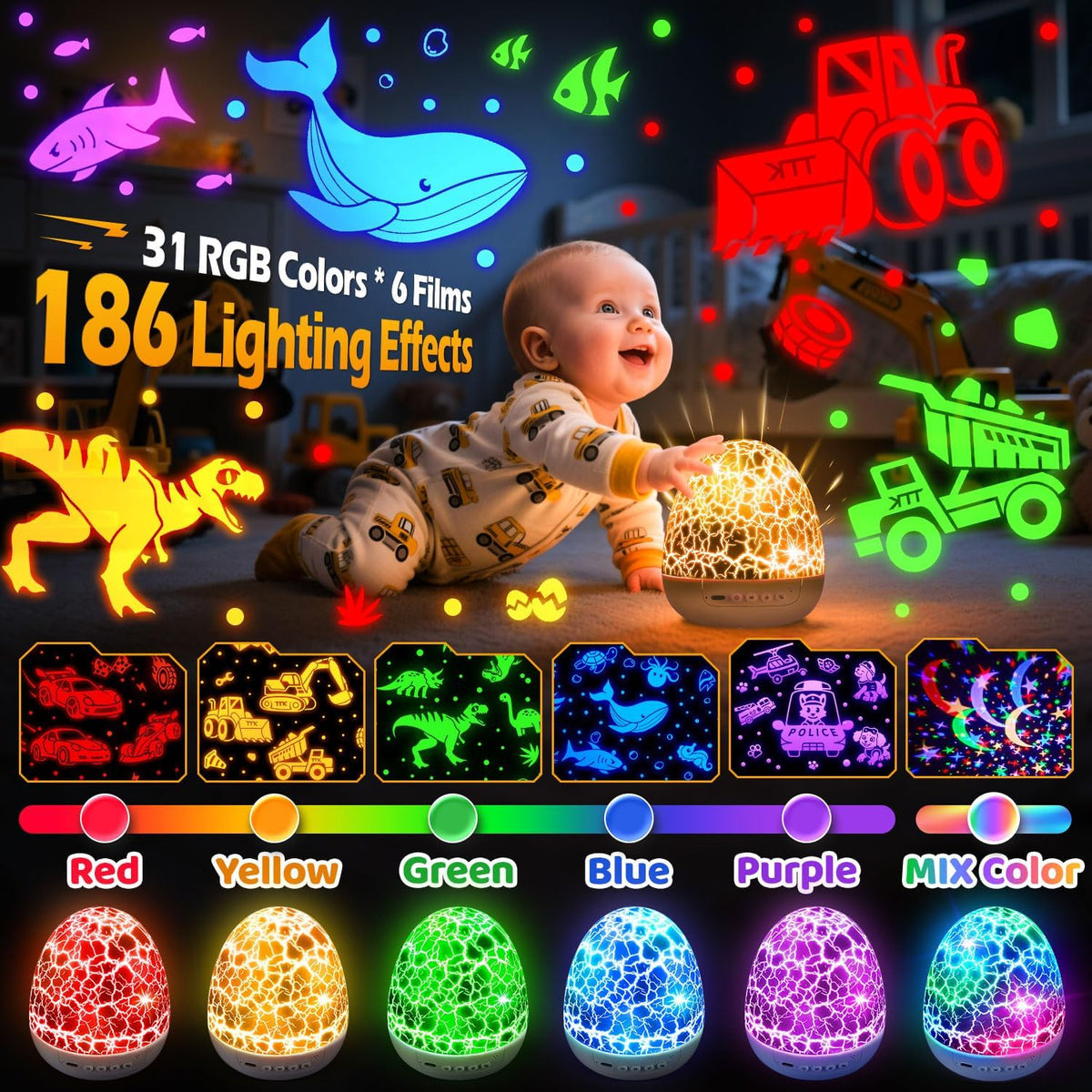 31 color modes across 5 colors with 3 brightness levels (10/50/100%) and 1/2/4-hour auto-off timer