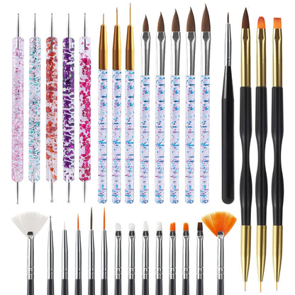 31-piece configuration: 15 black nail art brushes, 5 dotting tools, 3 liner pens, 3 double-ended liner brushes, 5 painting brushes