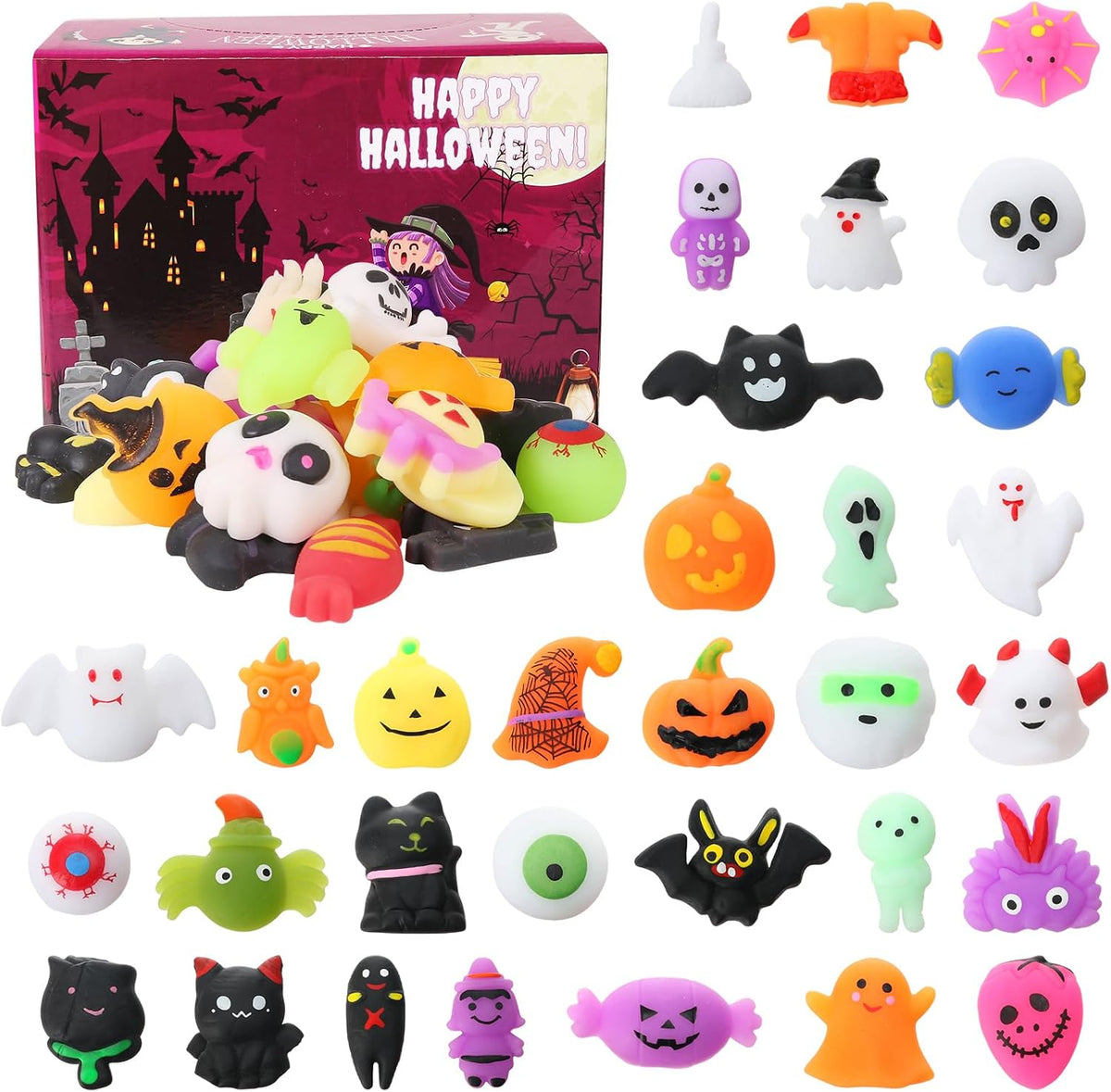 32 uniquely themed mochi squishies per pack with no repeating patterns (witches, ghosts, pumpkins, spiders, eyeballs, black cats)