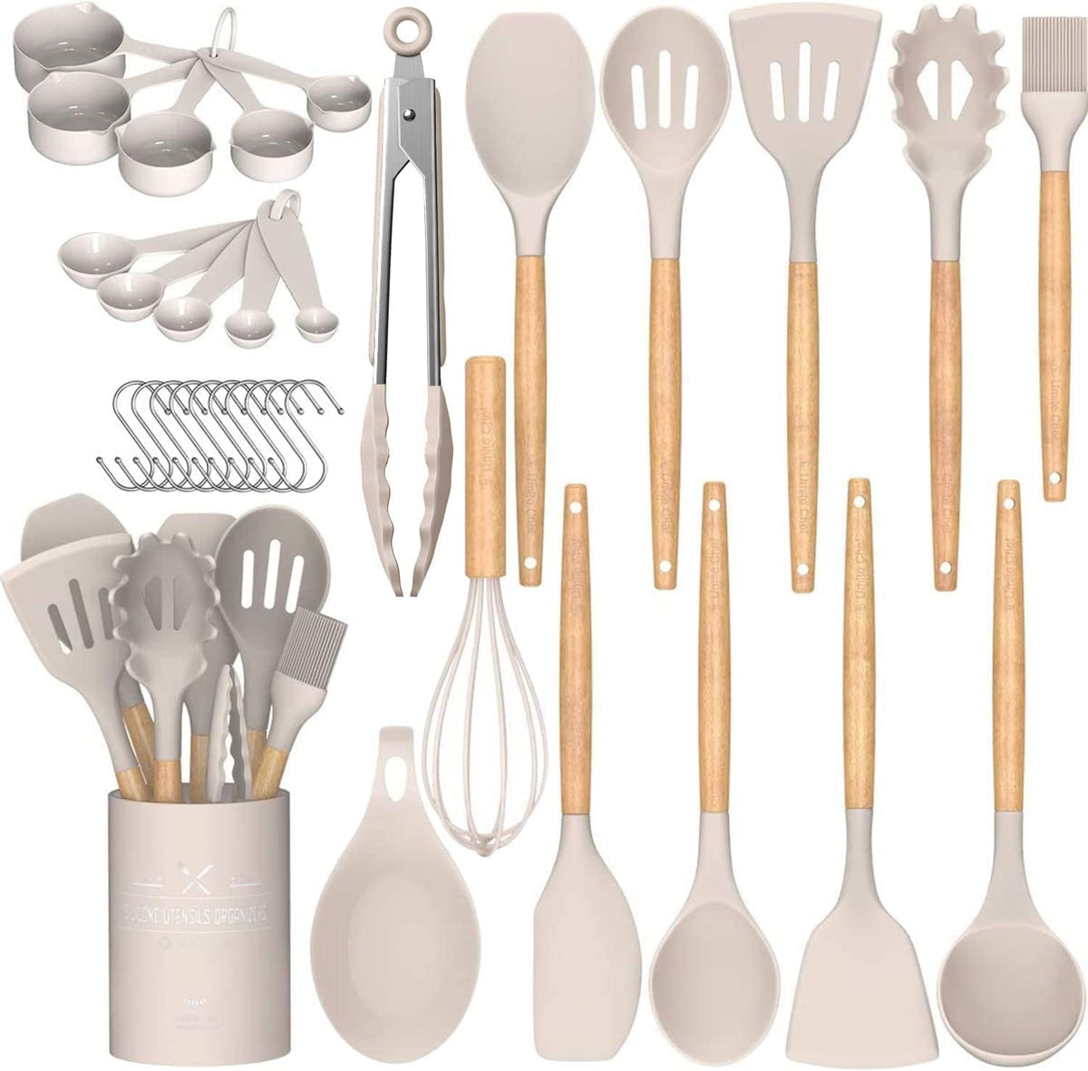 33-piece set including flexible spatula, soup ladle, serving spoons, pasta server, turner, tongs, measuring cup and spoons, 10 hooks, utensils holder, and silicone mat