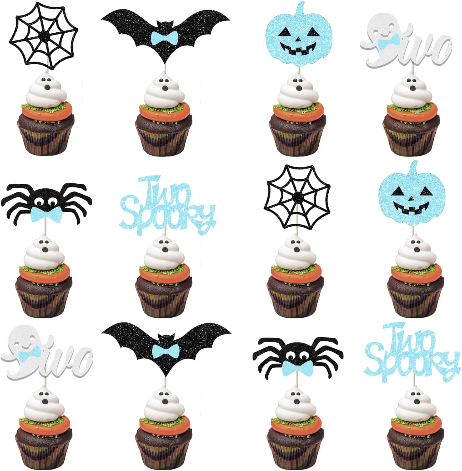 36-piece set with 6 different ghost, pumpkin, bat, and spider designs (2 of each)