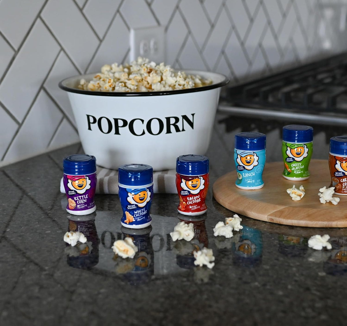36-variant product line including seasonal flavors (pumpkin spice, birthday cake, frosted sugar cookie, santa's cookies, frosty's mint chip) and savory staples (white cheddar, kettle corn, buffalo wing, ranch)
