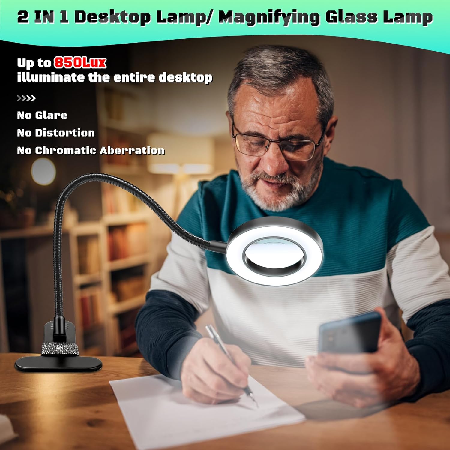 360-degree rotatable swivel arm and 360-degree adjustable lens head