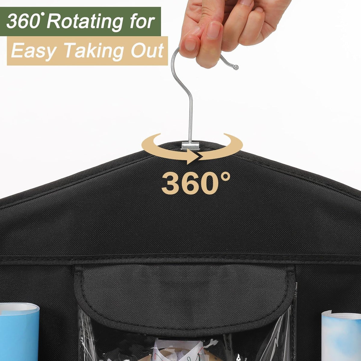 360-degree rotating hook for flexible hanging and easy access