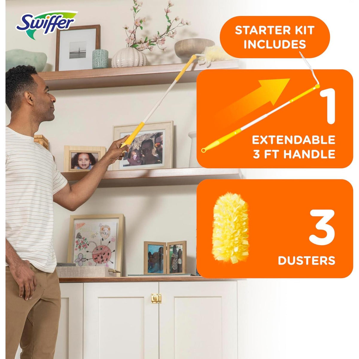 360° duster head with dust-busting strips for breaking up built-up dust layers
