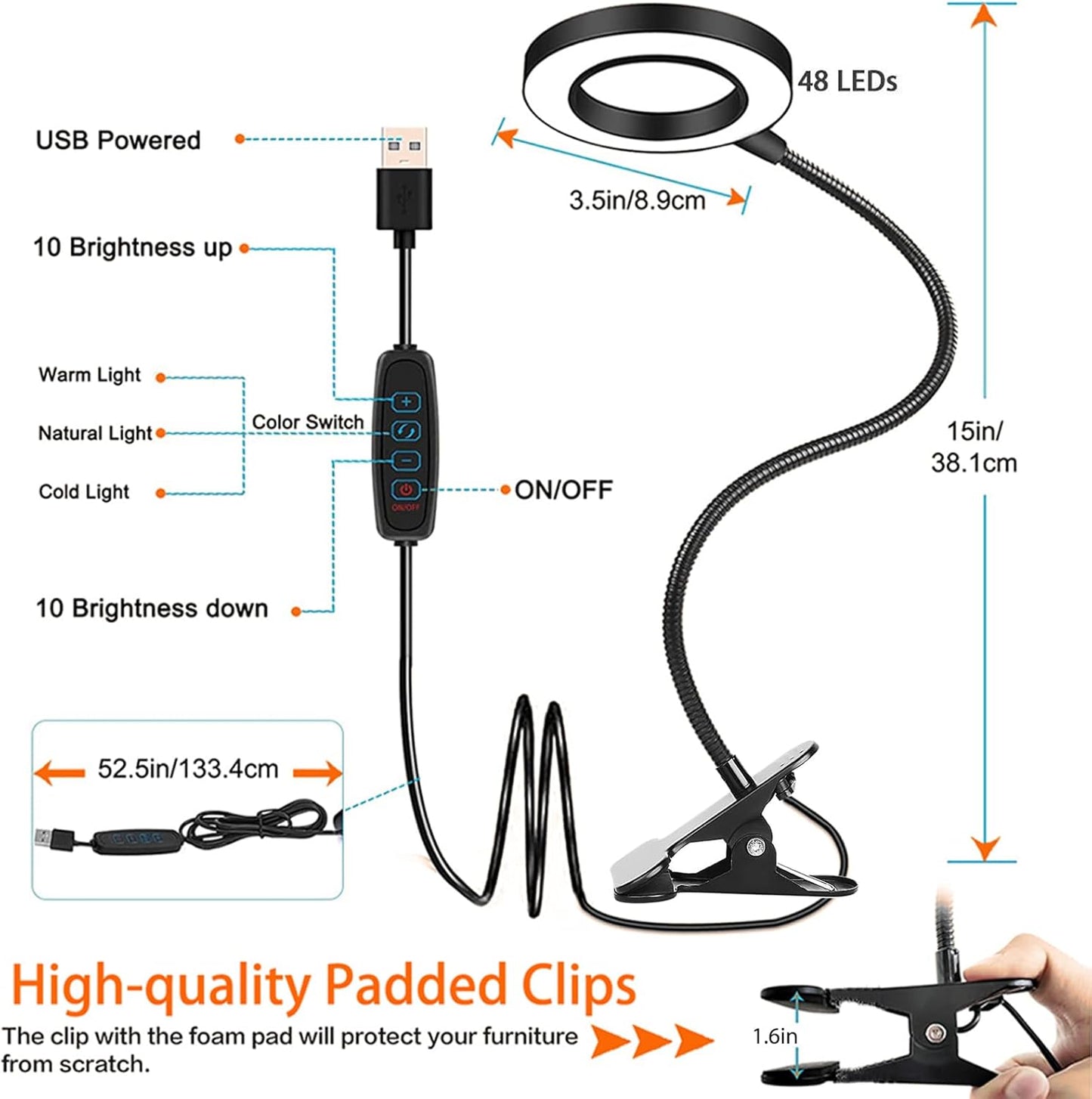 360° flexible gooseneck for precise light direction