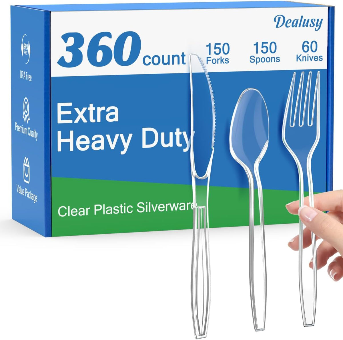 360-piece clear set containing 150 forks, 150 spoons, and 60 knives