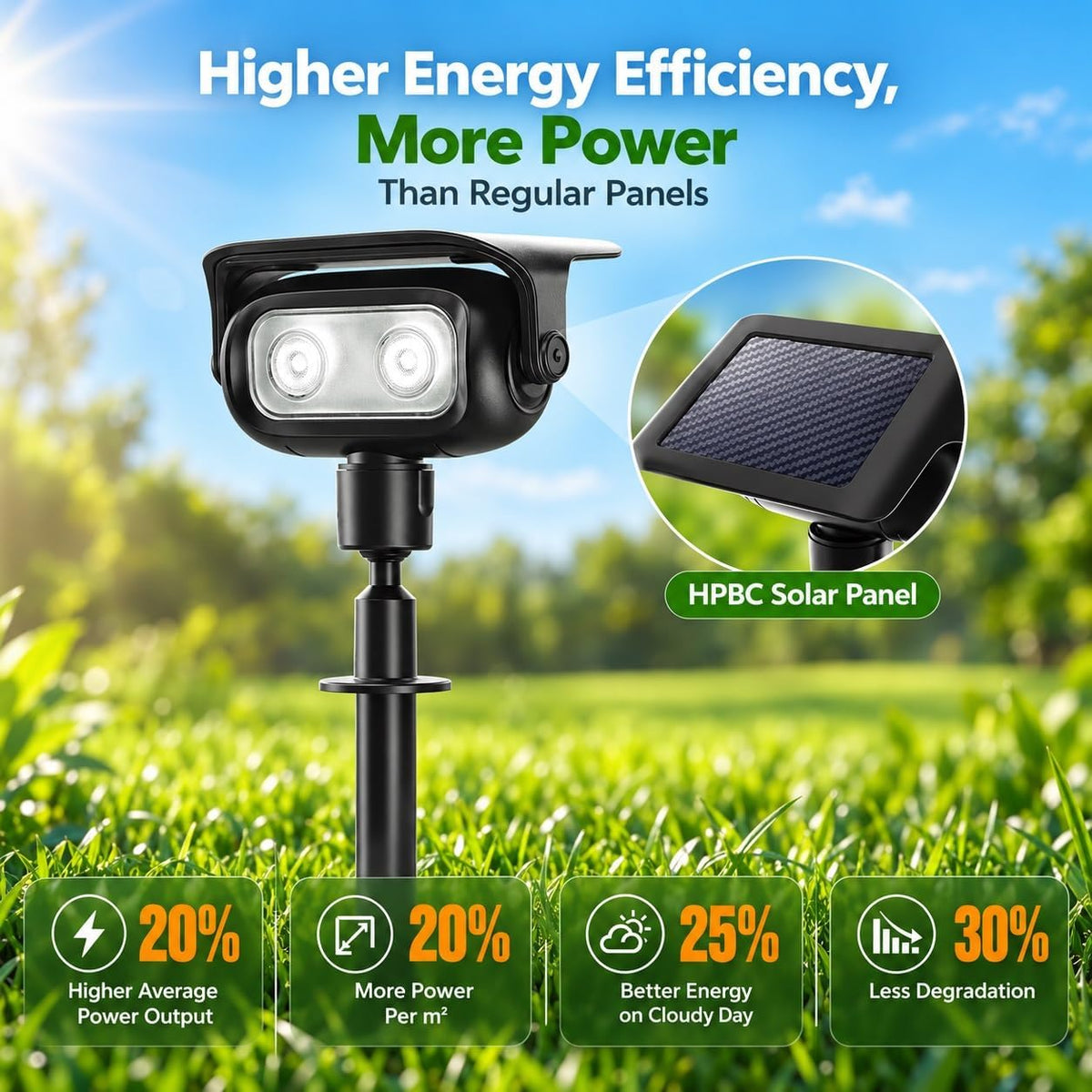 360° rotating and 120° tilting light head plus 180° adjustable solar panel for optimal aiming