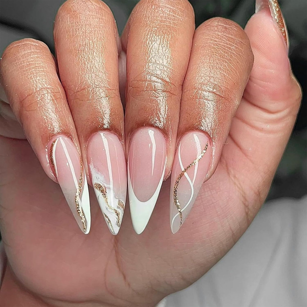 Almond Press on Nails Medium with Designs – Self Care Night Ritual Kit, French Tip Acrylic Press ons for Bedroom Vanity
