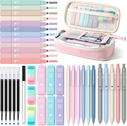 39-count bundle (or 45-count in black) including 12 highlighters, 6 mechanical pencils, 5 gel pens, refills, and erasers