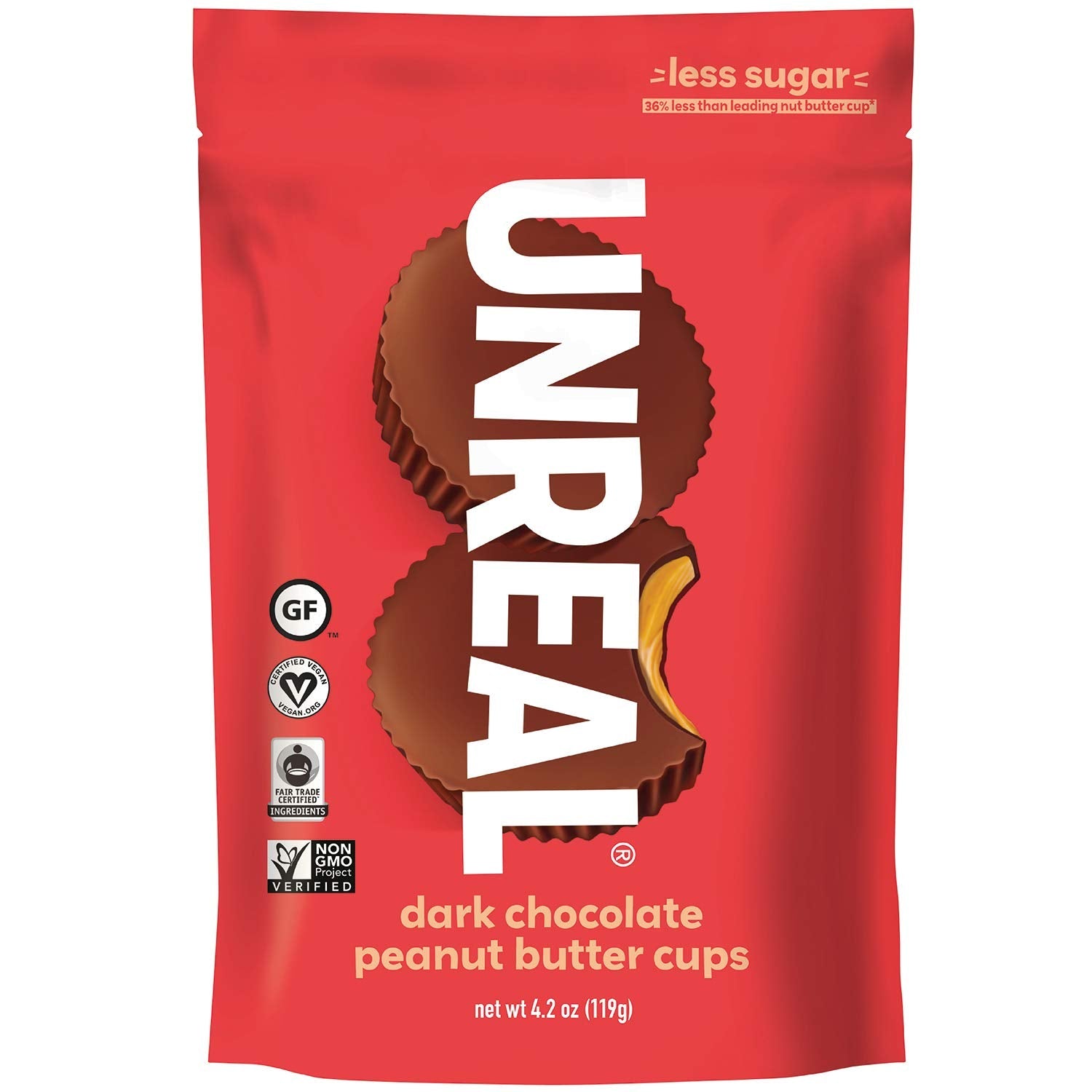 4.2 oz bag containing 8 individually wrapped dark chocolate peanut butter cups
