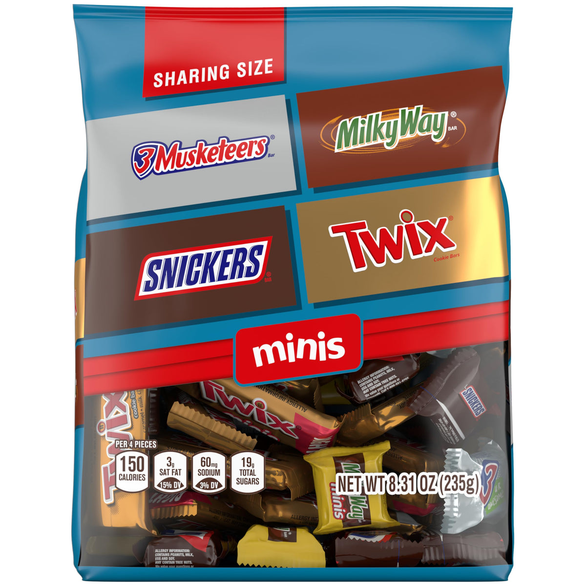 4-brand assorted variety: snickers, twix, milky way, and 3 musketeers in one bag