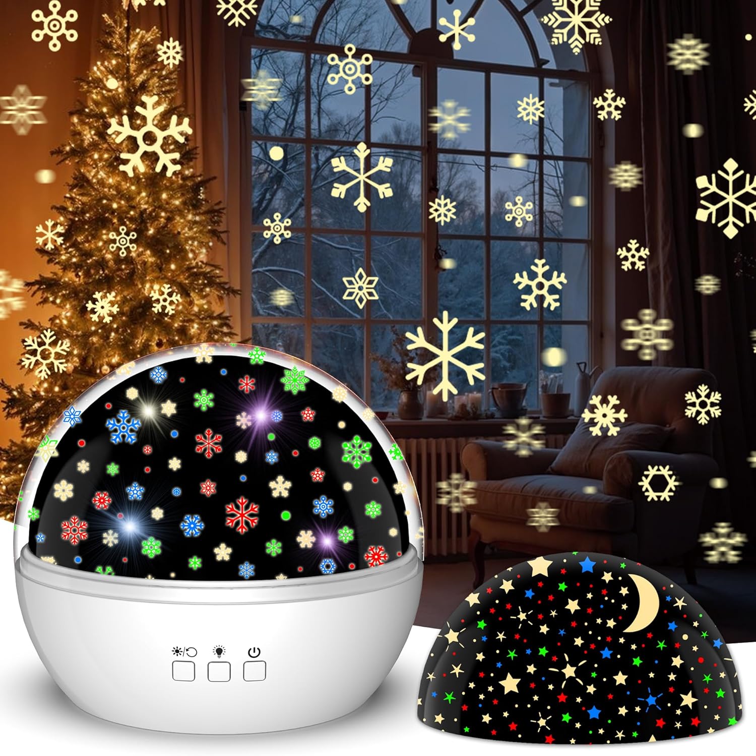 4 high-brightness led lights projecting vivid snowflake and starry moon themes