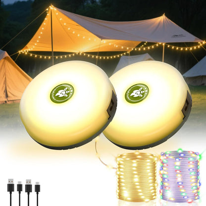 4-in-1 design combining string lights, camp lantern, flashlight, and work light