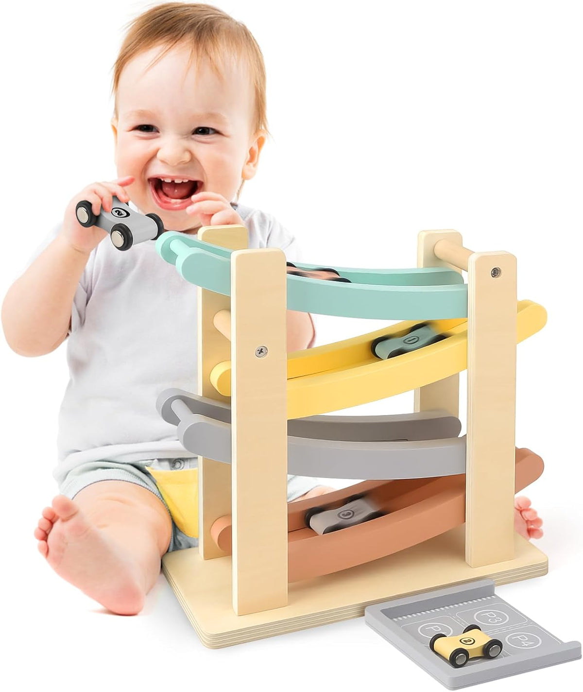 4-level continuous wooden car ramp with 4 race tracks