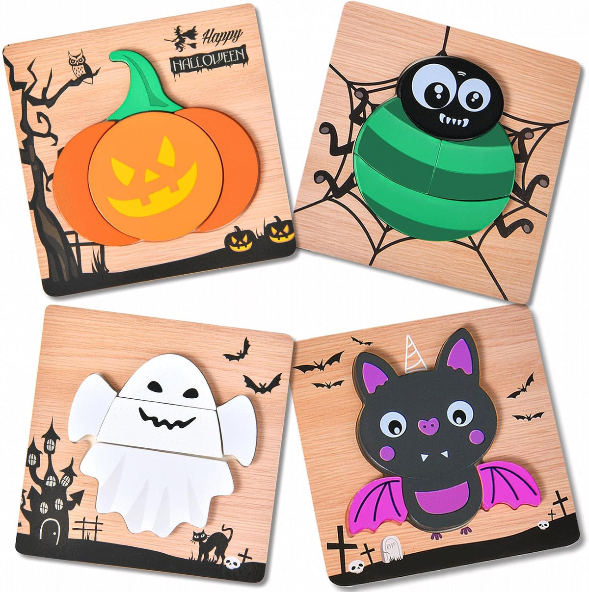4-pack set with four distinct designs (pumpkin, spider, bat, ghost)