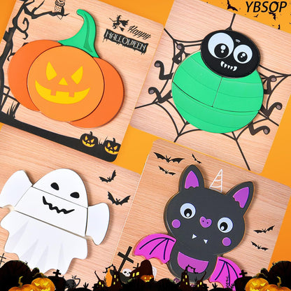 TinyQuest Halloween Wooden Puzzles 4-Pack – Chunky Easy-Grasp Puzzles Designed for Safe Preschool Classroom Play