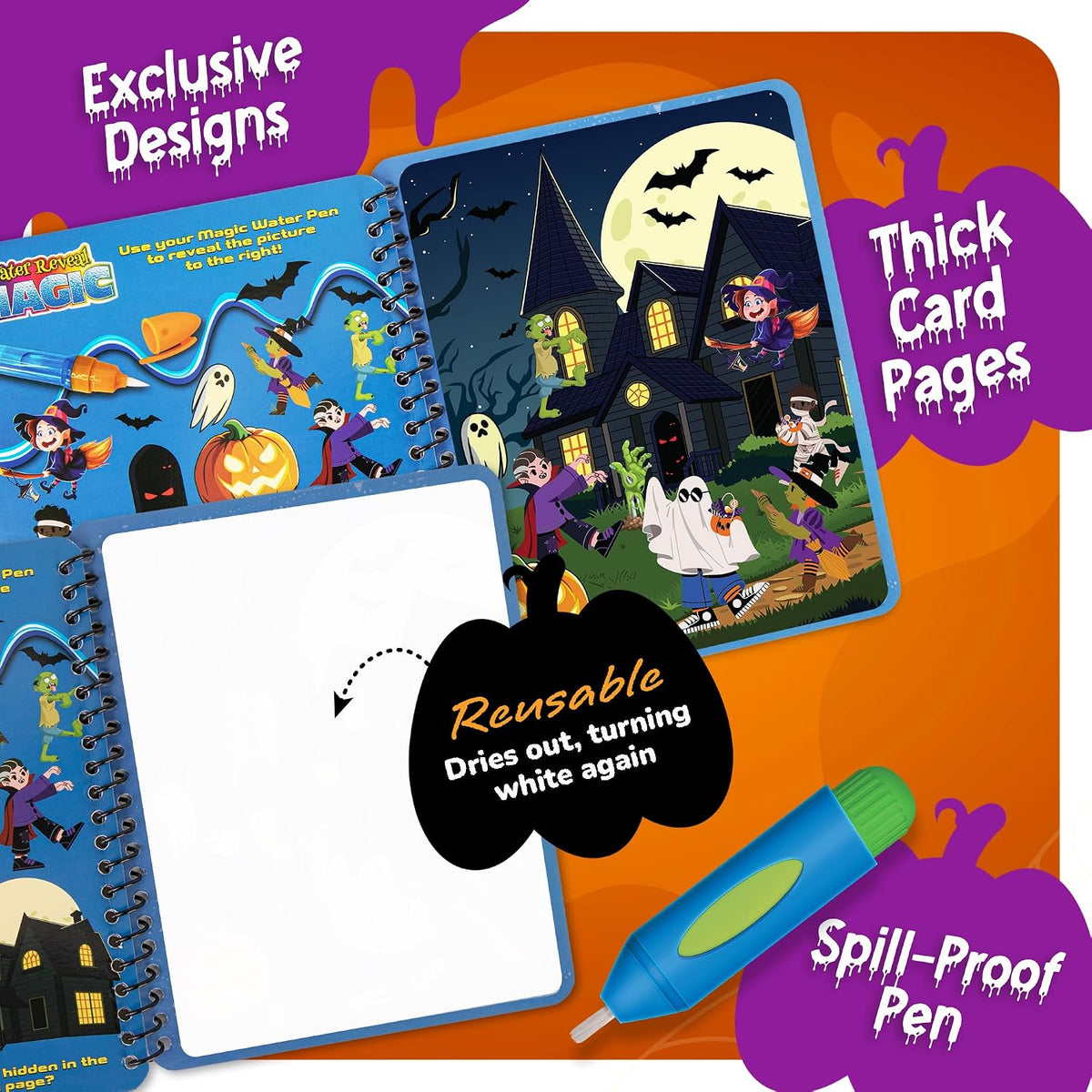 4 pages per book with reusable water-activated color reveal