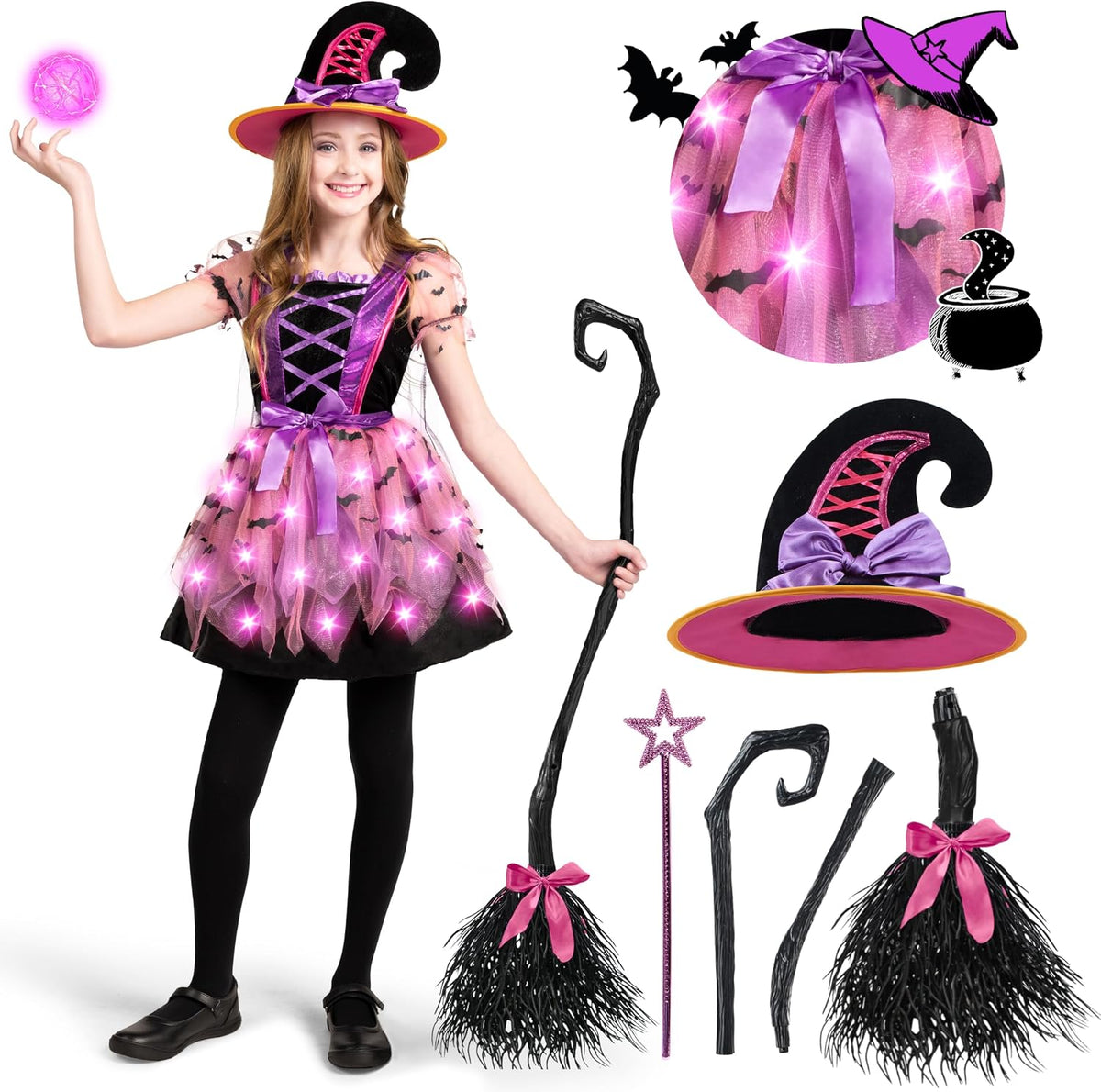 4-piece bundle including dress, hat, skirt, and broom