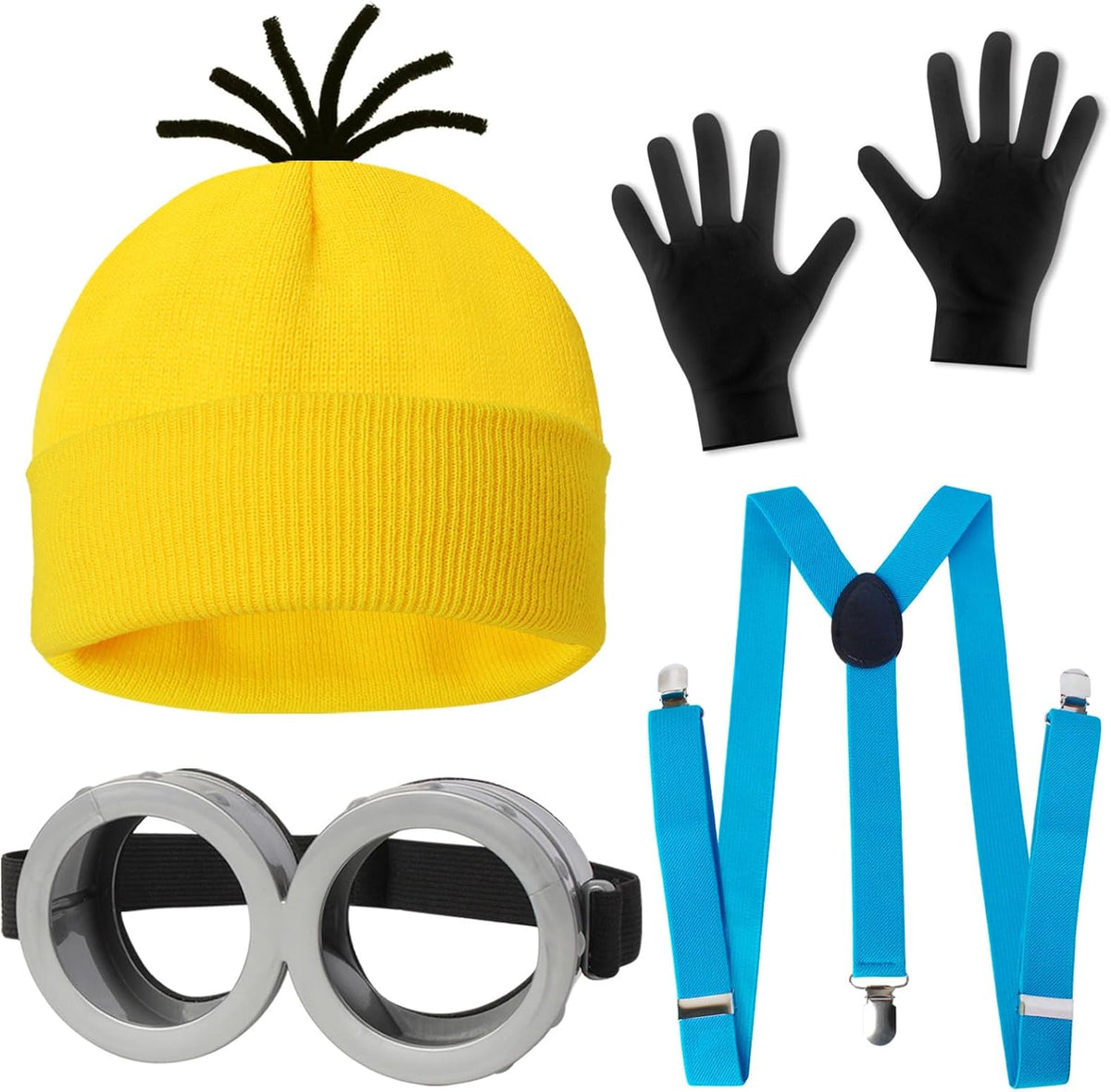4-piece coordinated set: yellow hat, goggles, gloves, and suspenders
