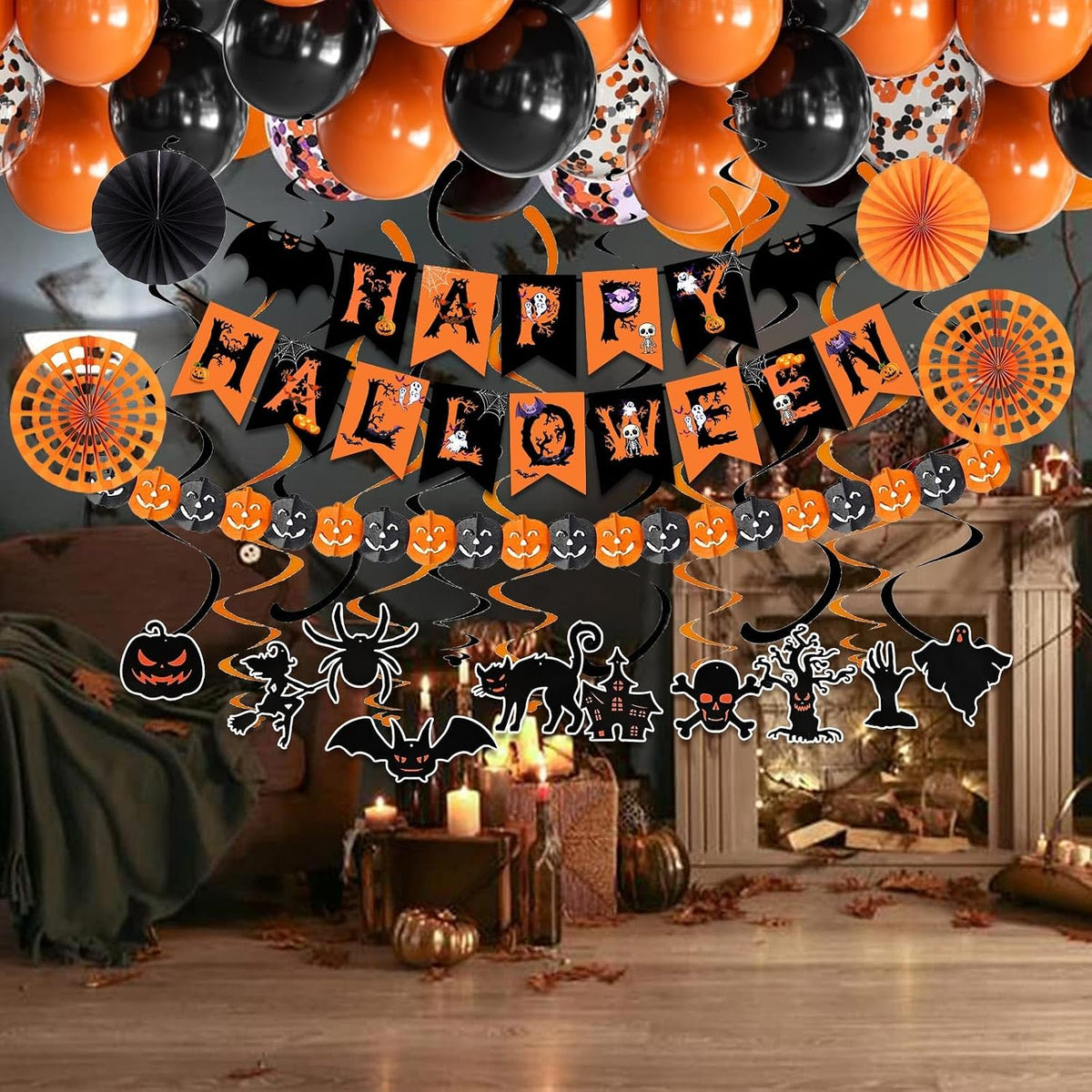 Fecedy Halloween Outdoor Decorations Bundle – Weather-Friendly Paper Fans & Garland for Porch Trick-or-Treat Night