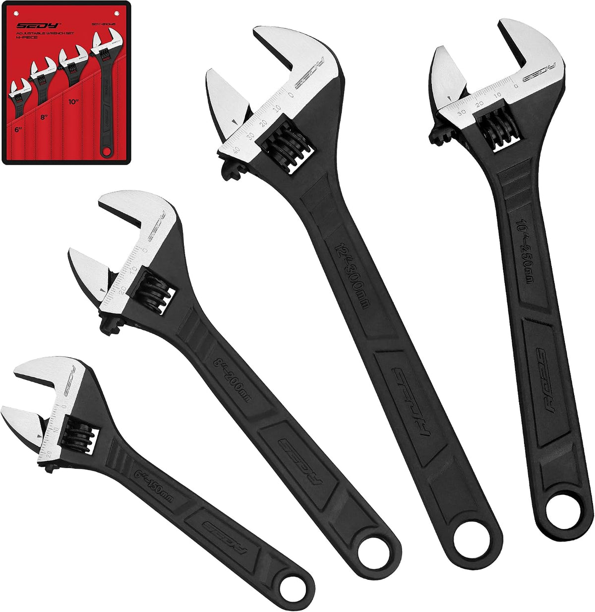 4-piece set in sizes 6", 8", 10", and 12" (with variants offering 3-piece industrial spud sets in 10", 12", 16")