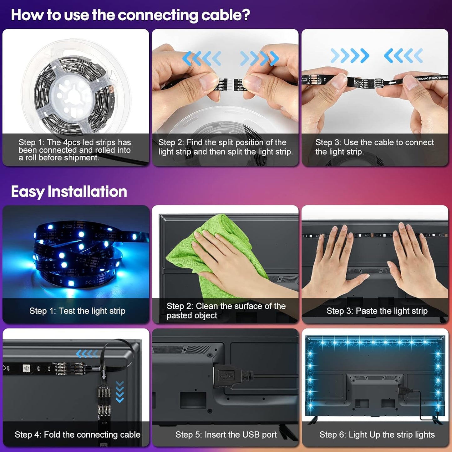 4-pin rgb connection with directional +rgb markings to ensure correct polarity