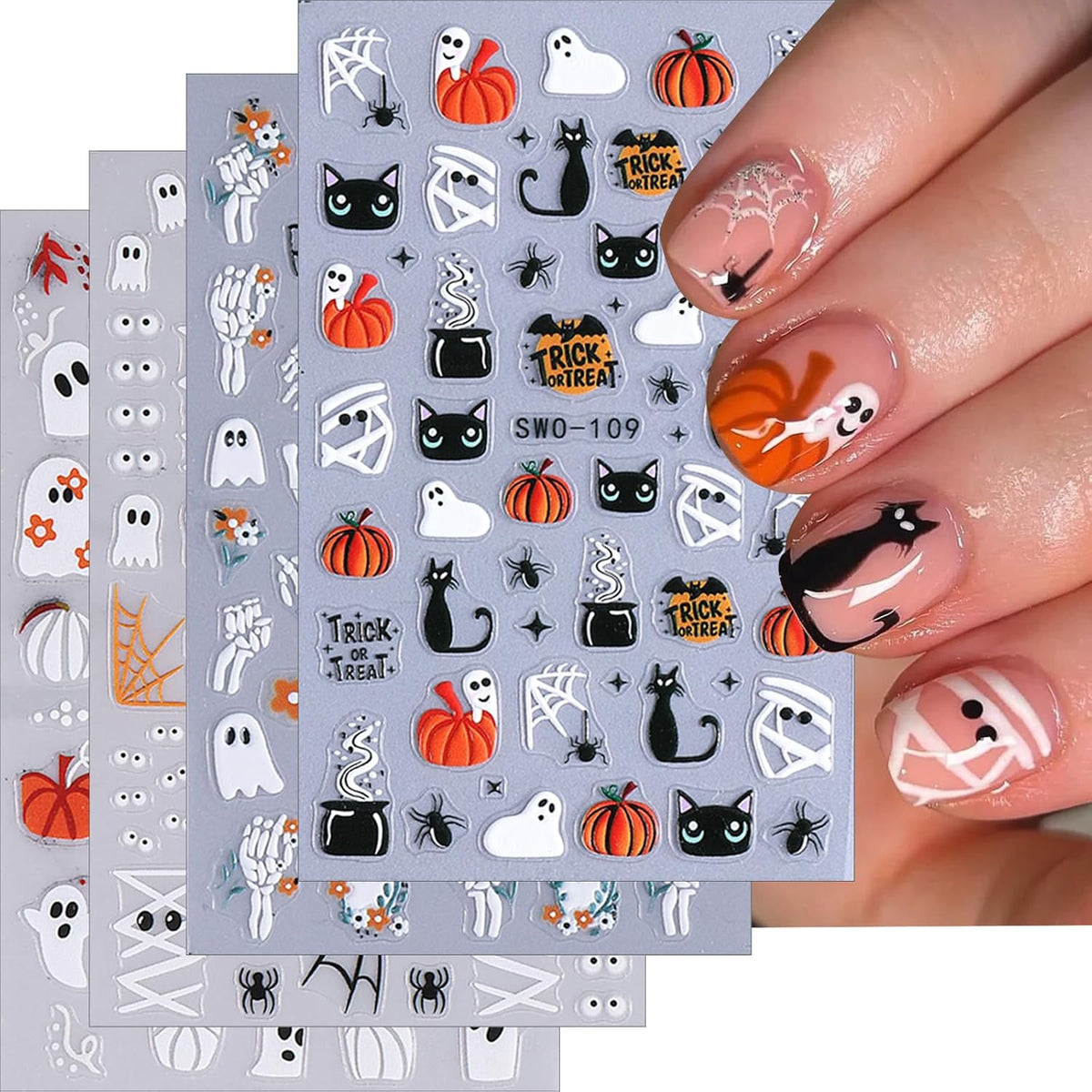 4-sheet set with 4 distinct halloween pattern variants (cat pumpkin, little ghost, spider web, bat skull)
