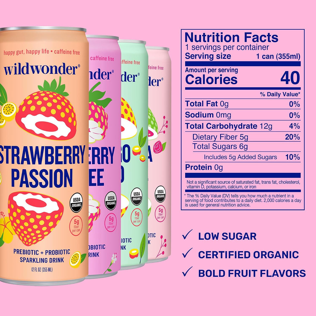 40 calories and 6 g of sugar per can with no refined sugar