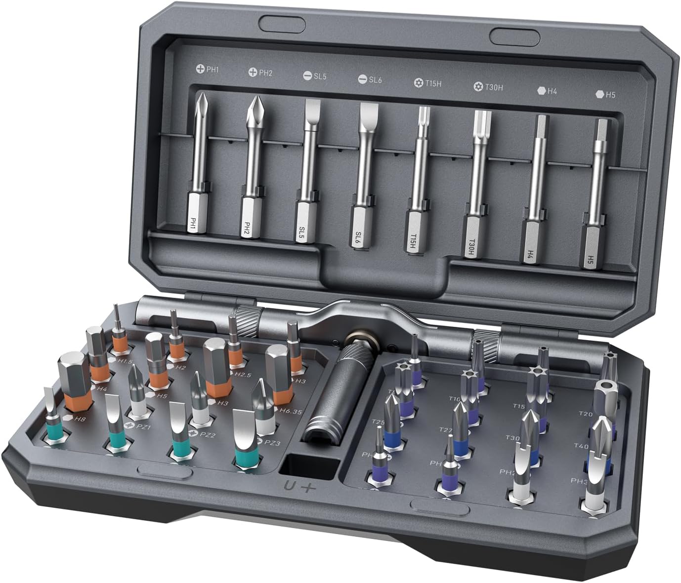 42 precision bits including phillips, slotted, torx, and hex in 8 long and 32 short variants