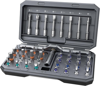 42 precision bits including phillips, slotted, torx, and hex in 8 long and 32 short variants