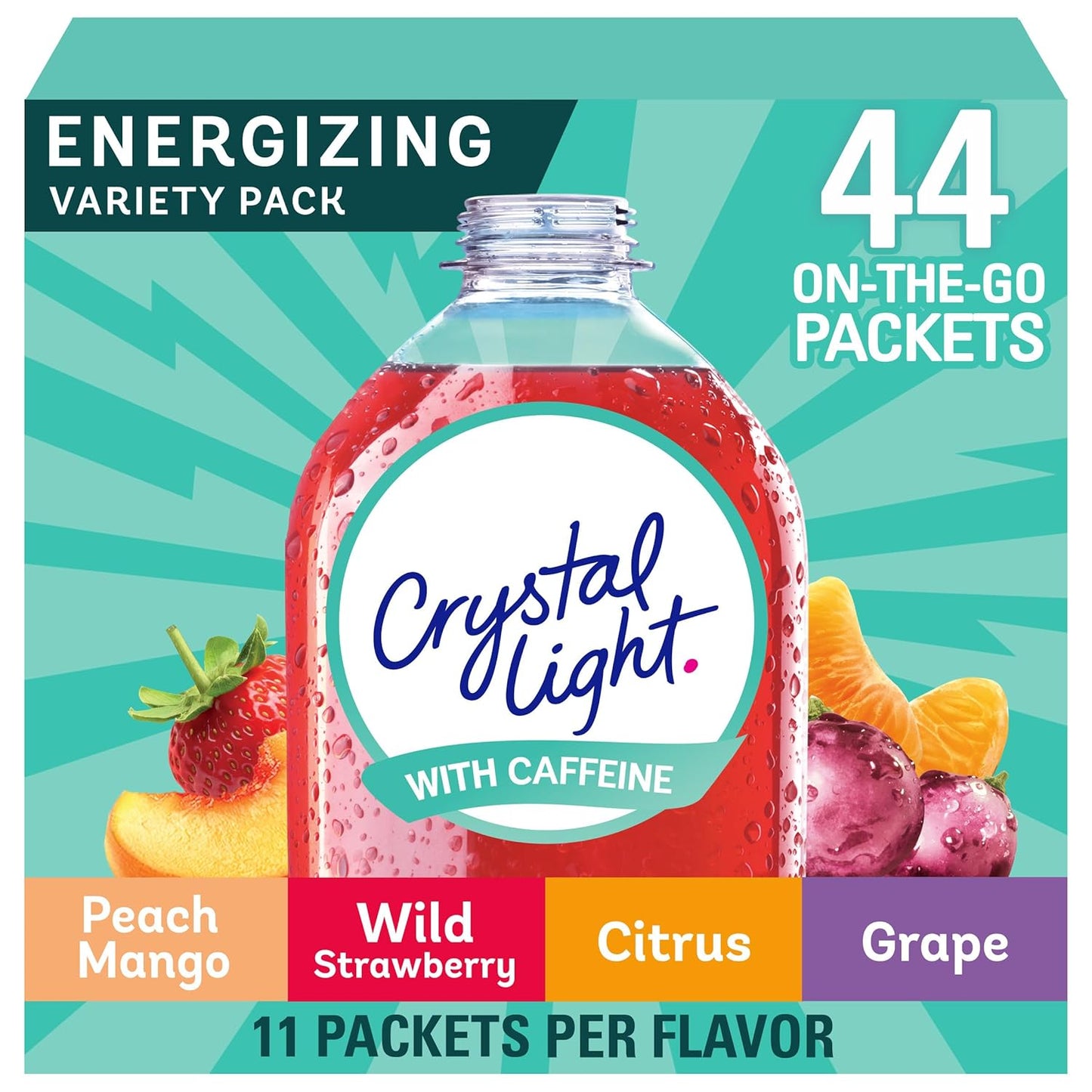 44 single-serve powdered drink mix packets (11 each of citrus, peach mango, wild strawberry, and grape)
