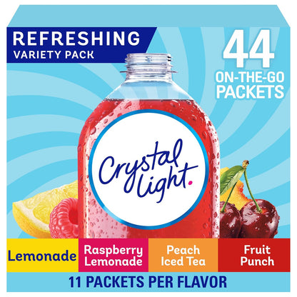 44 single-serve powdered drink mix packets in 4 flavors (11 packets each of lemonade, raspberry lemonade, peach iced tea, fruit punch)