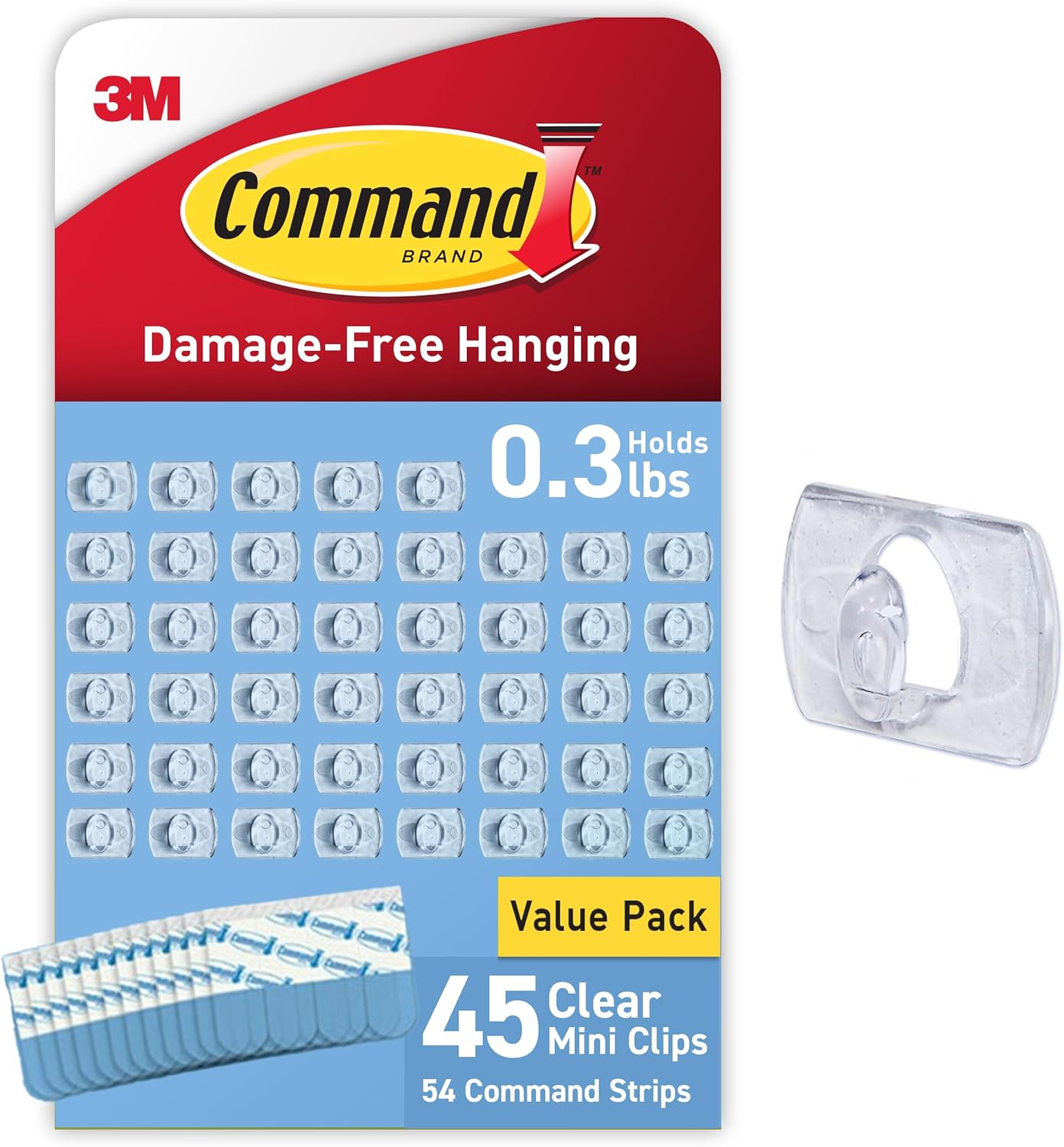 45 clear clips with 54 command strips (or 90-clip variant for larger installations)