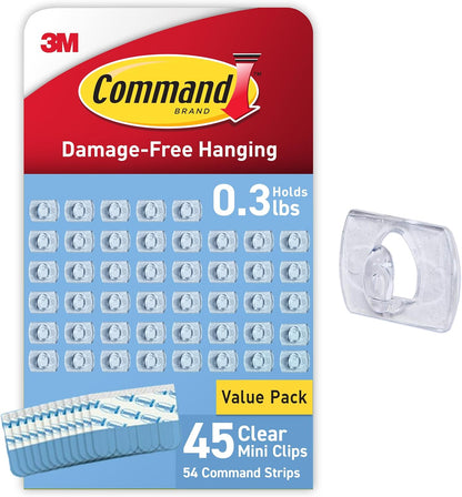 45 clear clips with 54 command strips (or 90-clip variant for larger installations)