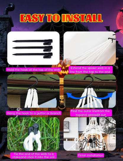 Child-Safe Halloween Lights – Spider Web LED Display for Trick-or-Treat Night, Weather-Resistant Plug-in for Porch Entryway and Lawn