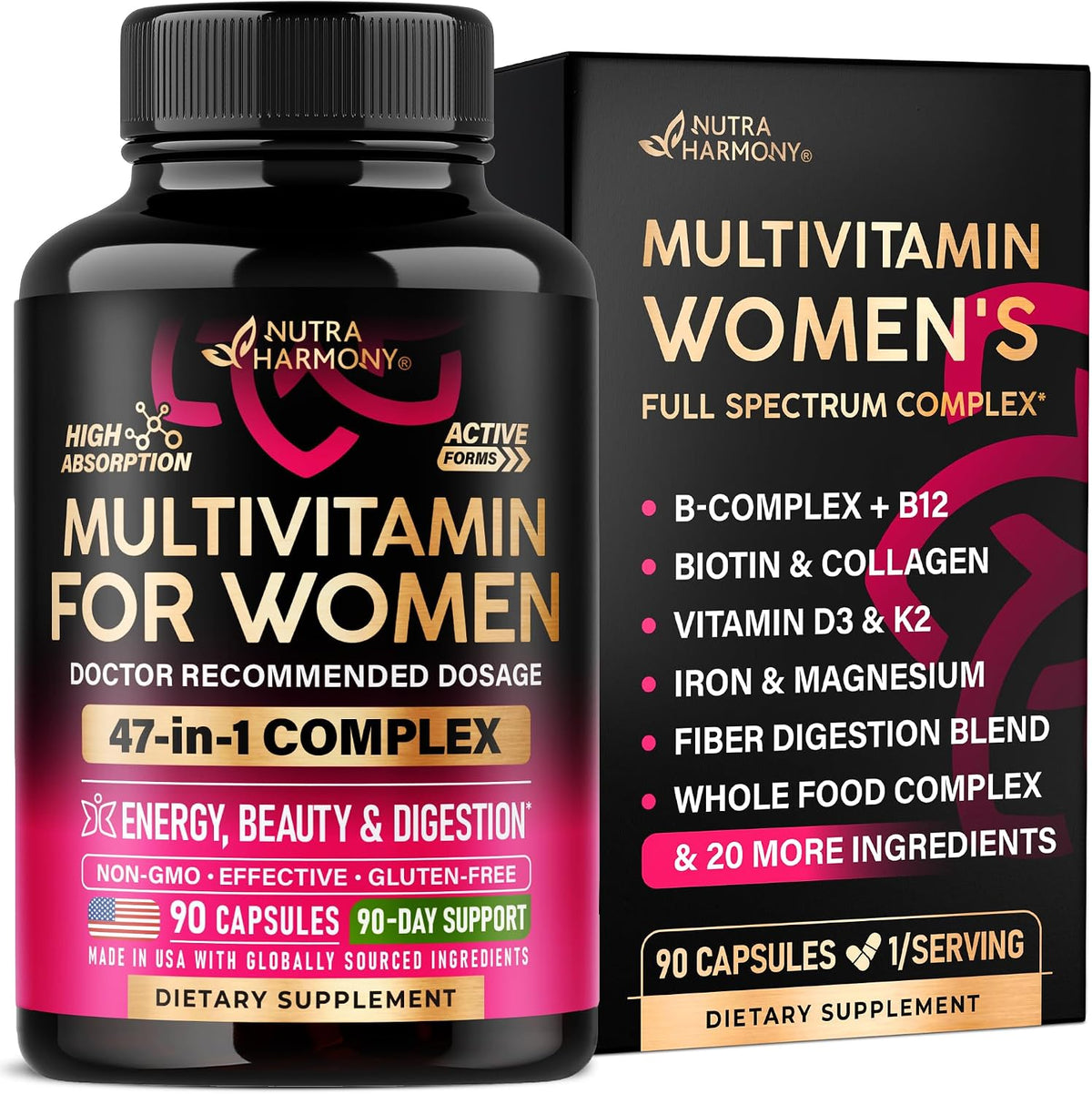 47-in-1 nutrient stack including vitamins a, c, d3, k2, b-complex, selenium, magnesium, iodine, and calcium
